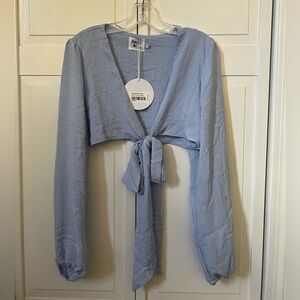 Princess Polly Blue Wrao Crop Top with Long Sleeves